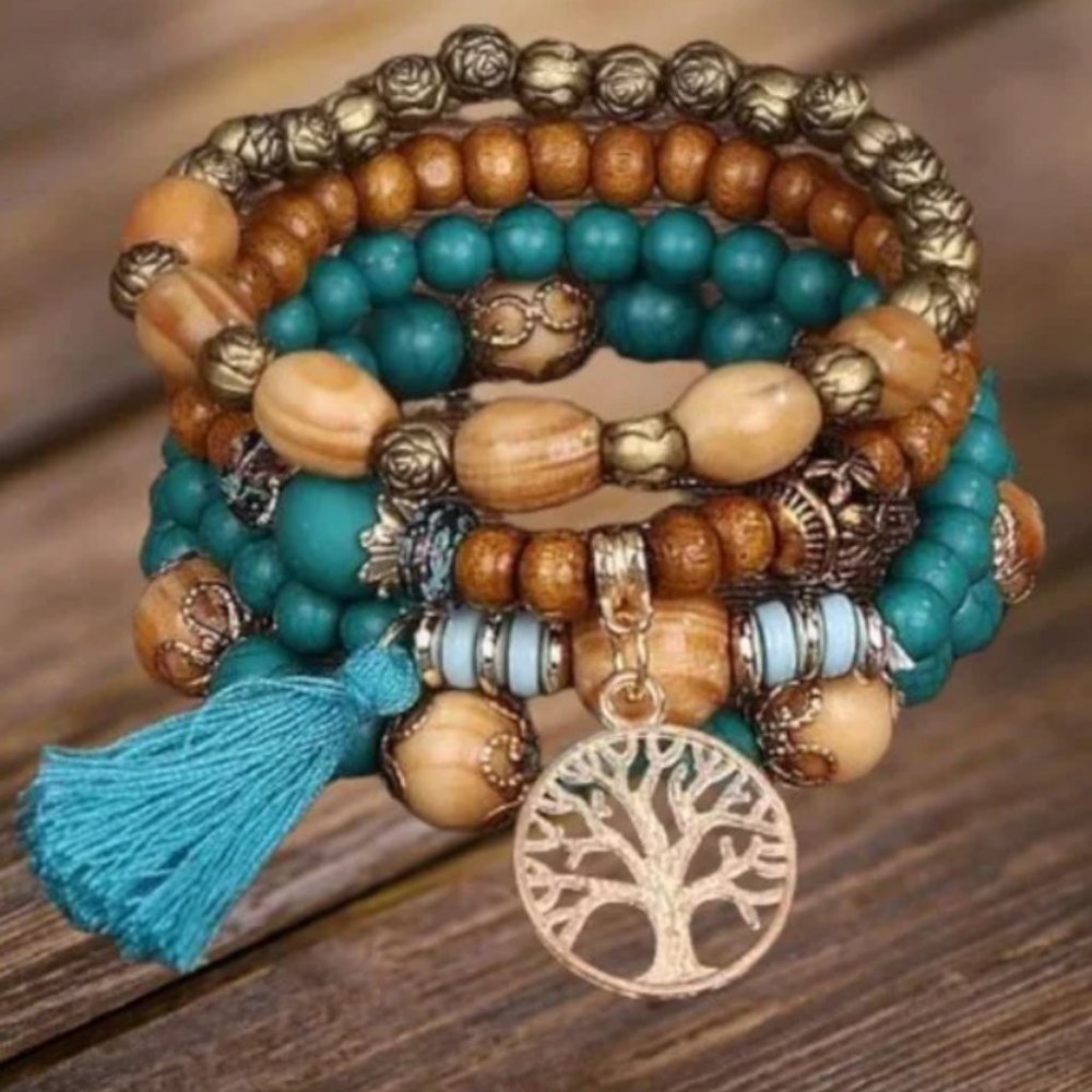 4 Beaded Stretch Bracelets w/Turquoise tassel and Tree of Life Pendant